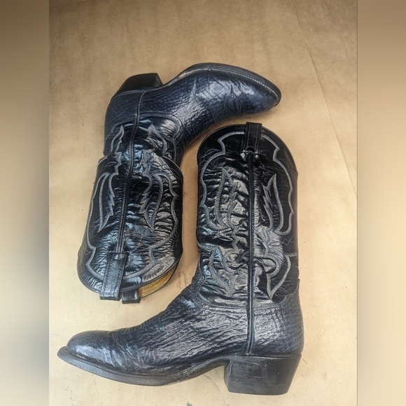 Tony Lama boots men's size 9D shrunken Bull Shoulder blue/gray leather classic W - Picture 7 of 12